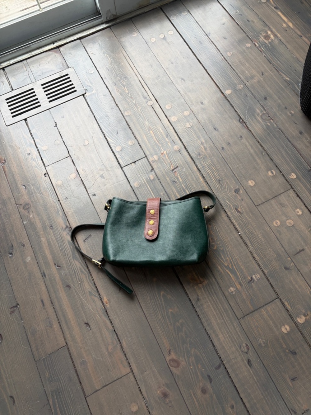 Dark Green Crossbody Bag with Brown Strap Accent
